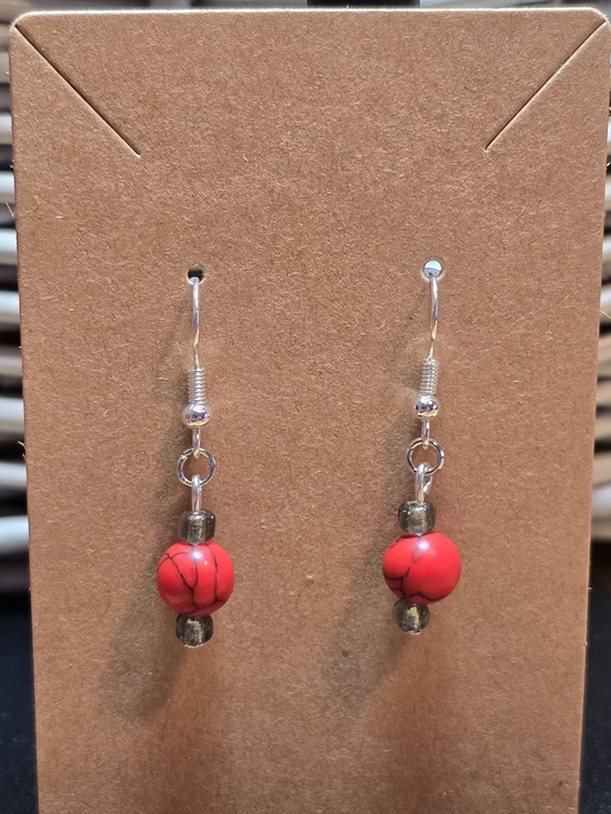 Handmade Jewelry - Red Marbled Stone & Bead Dangle Earrings Handmade NWT